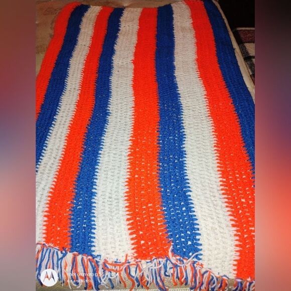 Handmade Crochet Cozy Striped Blue and Orange Throw Blanket - Picture 1 of 7